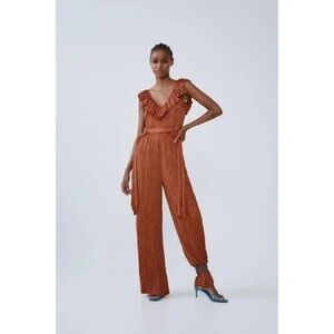 Zara Bronze Crinkle Ruffle Side Tie Wide Leg Boho Jumpsuit. SZ S